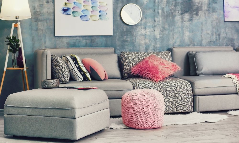 Colorful living room and ottoman
