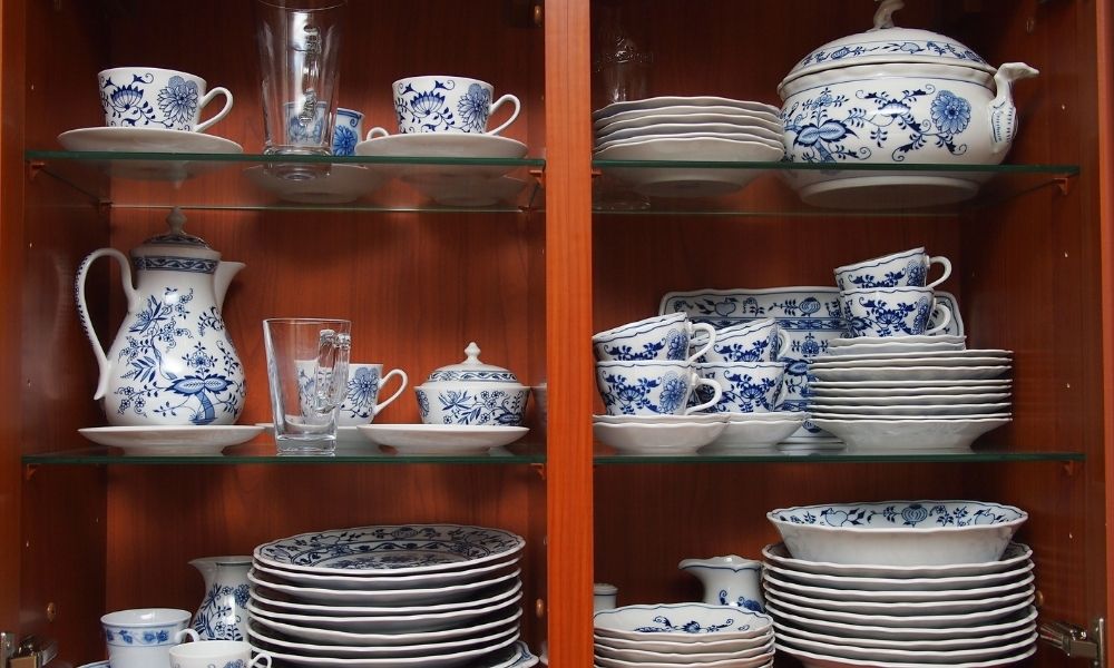 Blue and white china in a cabinet