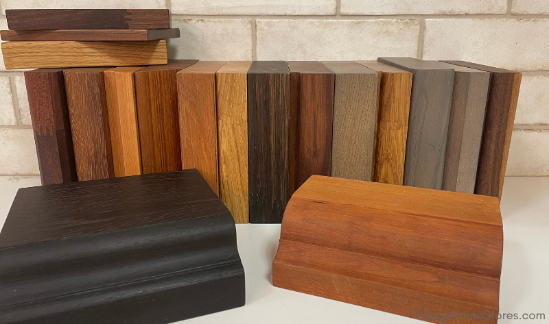 mage of wood countertop samples lined up showing finish and edge options. Café countertops available from Village Home Stores