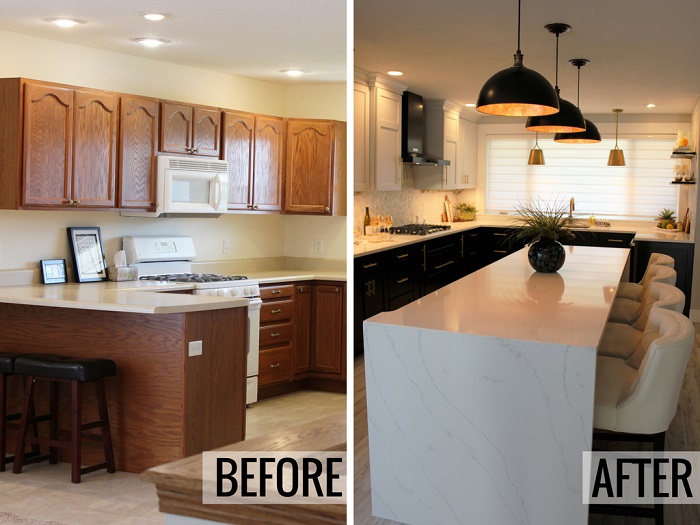 Black and White Cabinet Kitchen with Gold Accents and Waterfall