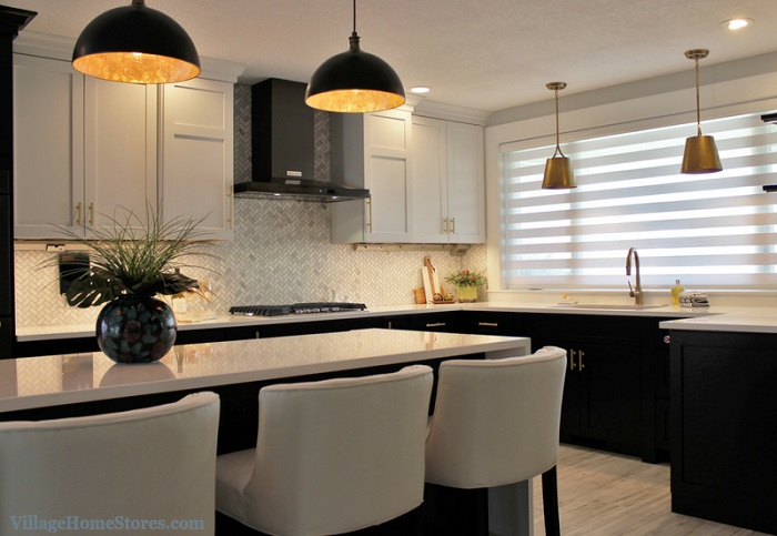 Black and White Cabinet Kitchen with Gold Accents and Waterfall