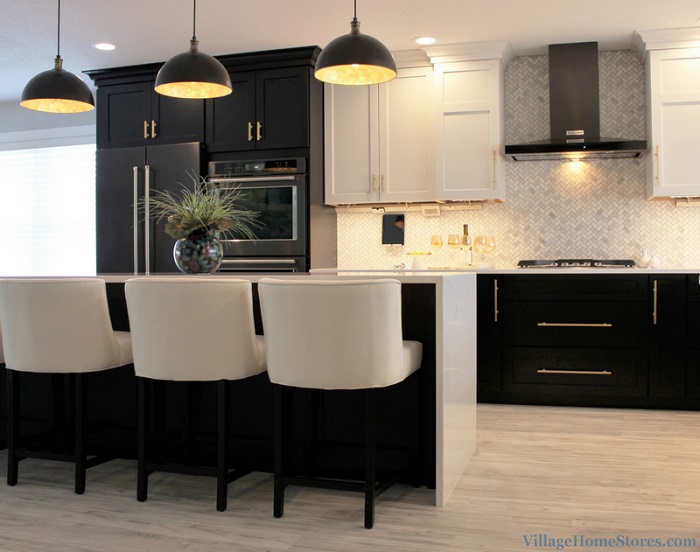 Black and White Cabinet Kitchen with Gold Accents and Waterfall