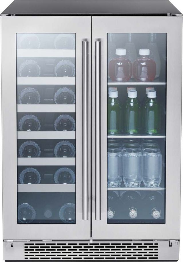 Stock photo of an Albert Lee brand wine cooler with section for cans and other bottles.