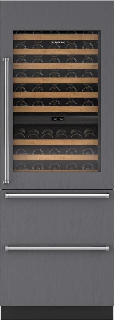 Stock photo of a Sub Zero brand wine refrigerator with freezer doors beneath.
