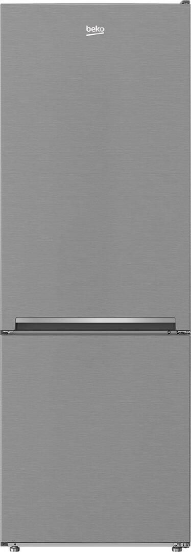 Stock photo of a stainless steel Beko brand bottom freezer refrigerator.