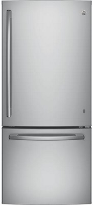 Stock photo of a stainless steel GE brand bottom freezer refrigerator.
