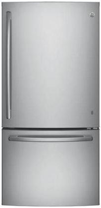 Stock photo of a stainless steel GE brand bottom freezer refrigerator.