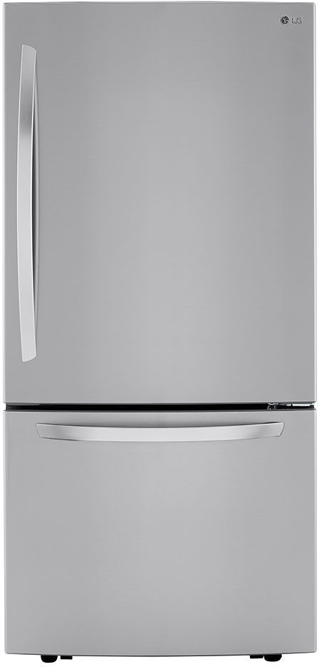 Stock photo of a stainless steel LG brand bottom freezer refrigerator.