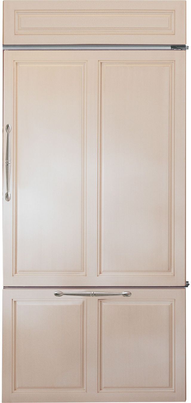 Stock photo of a woodgrain Monogram brand bottom freezer refrigerator.