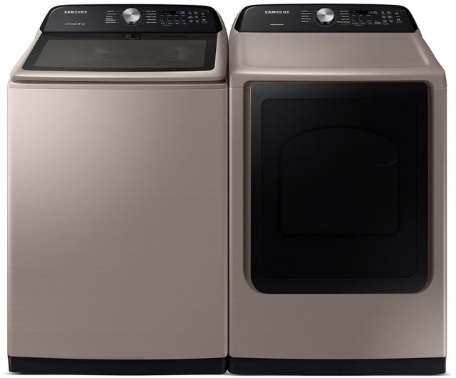 Stock photo of a champagne colored Samsung laundry pair.
