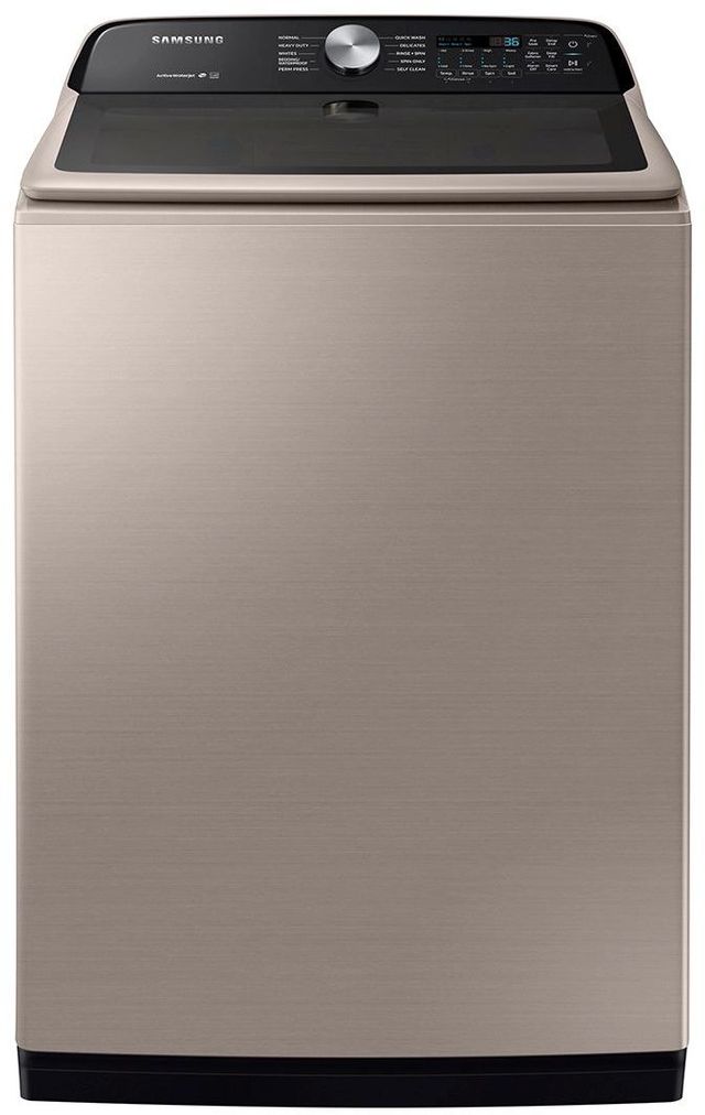 Stock photo of a champagne colored Samsung washer.