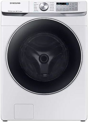 Stock photo of a white Samsung front load washer.