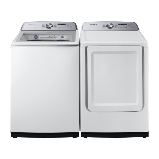 Stock photo of a white Samsung laundry pair.