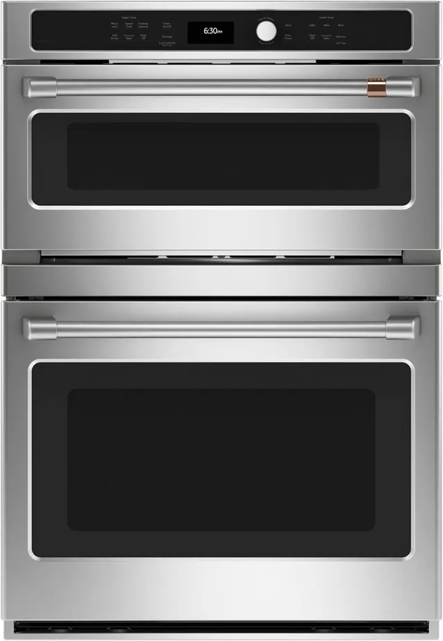 microwave/ convection oven with touchscreen and brass strip accent