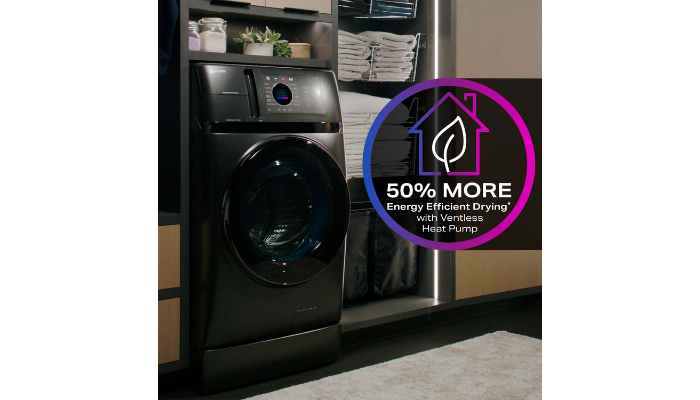 ge profile ultrafast 2-in-1 combo in a laundry room with graphic overlay about 50% more drying efficiency  