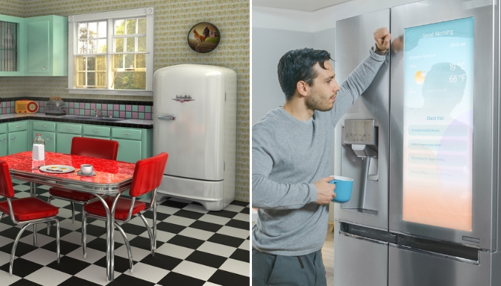 Comparison of a vintage fridge vs. a smart refrigerator