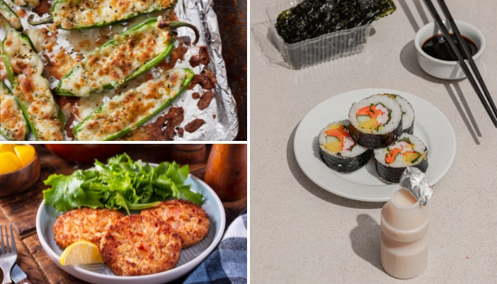 Collage of healthy appetizers from stuffed peppers to kimbap