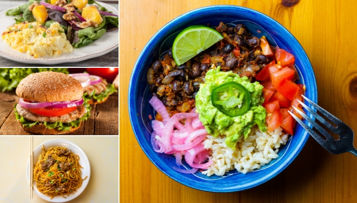 Collection of healthy main dishes like keto mac & cheese, turkey burgers, lo mein, and burrito bowls
