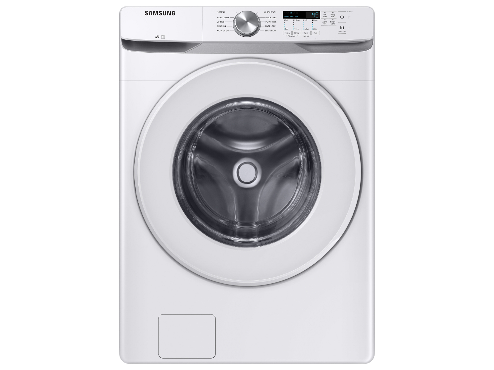 white and stainless steel front load washer
