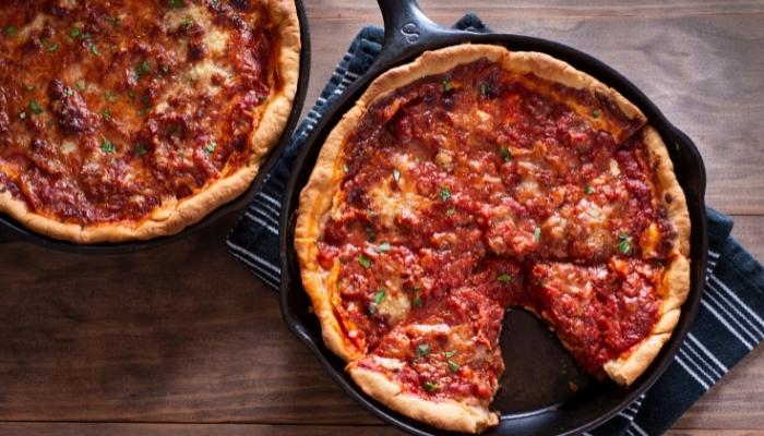 Deep dish pizza in a skillet
