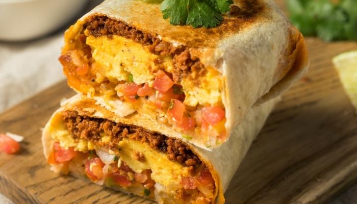 Burritos cut in half and stacked on top of each other