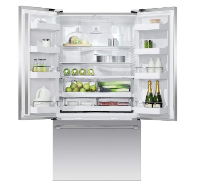 A front view of a stainless steel French door refrigerator model with open doors
