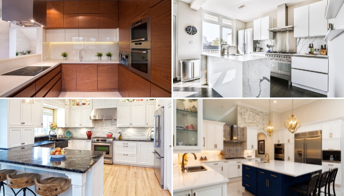 Collage of different kitchen layouts feature range vs cooktop and wall ovens