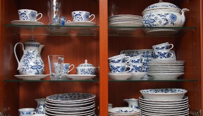 china in a wood cabinet