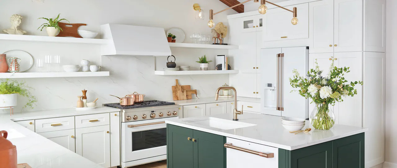 White and Green Kitchen Design with White Cabinets and Stove