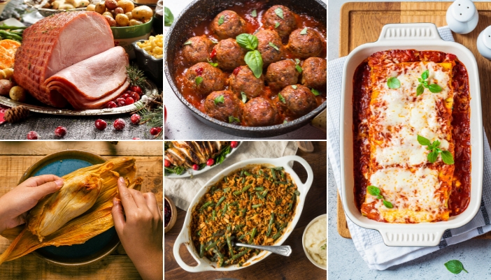 Collage of main holiday dishes like meatballs, lasagna, ham, tamales, and green bean casserole