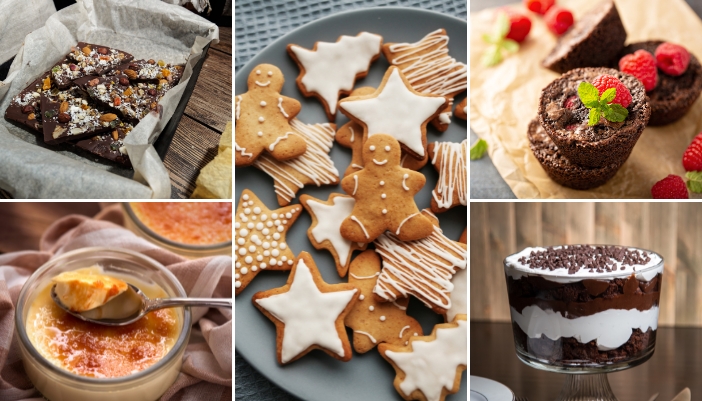 ollage of holiday desserts like chocolate bark, crème brulee, sugar cookies, brownie bites, and trifle
