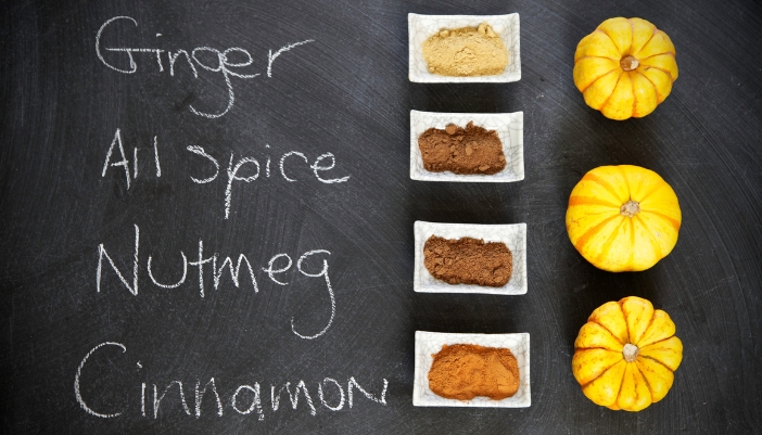 An assortment of the spices in pumpkin spice, labeled in chalk