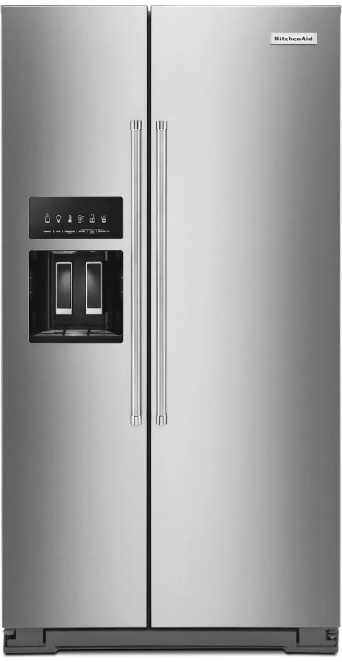 stainless steel side by side refrigerator with brand logo