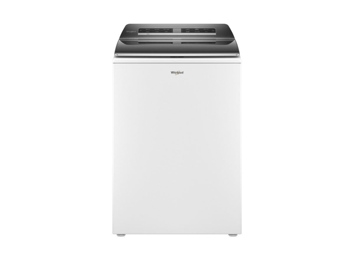white whirlpool top washer with black glass door