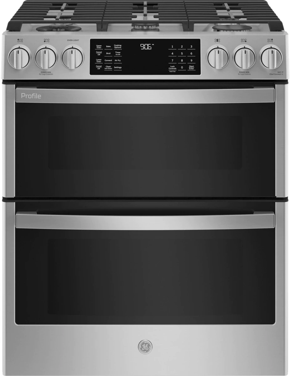 Front view of GE PGS960YPFS 30” double oven gas range 