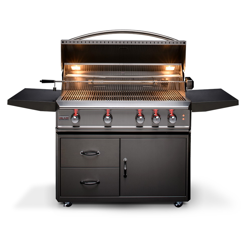 Blaze Professional LUX grill with hood open and lights lit 