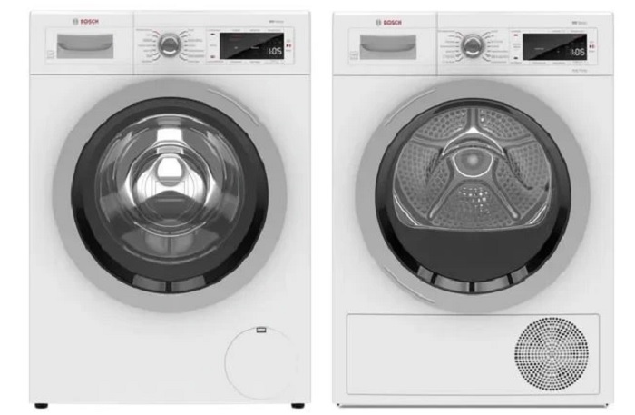 Side-by-side front view of Bosch WAW285H1UC front load washer and Bosch WTW87NH1UC dryer