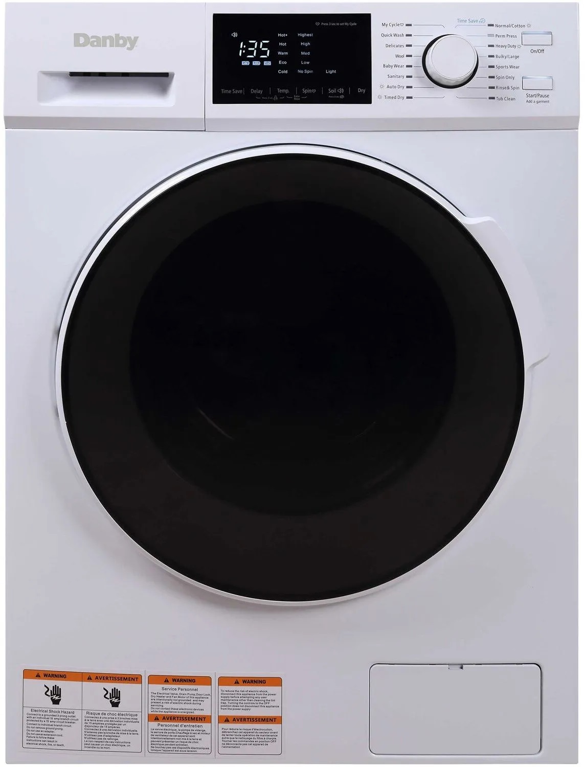 Front view of Danby DWM120WDB washer dryer combo with heated pump