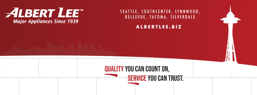 Albert Lee banner in red and white featuring the Seattle Space Needle  