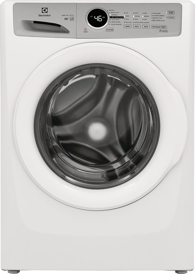 Stock photo of a white Electrolux brand front load washer with grey accents. 