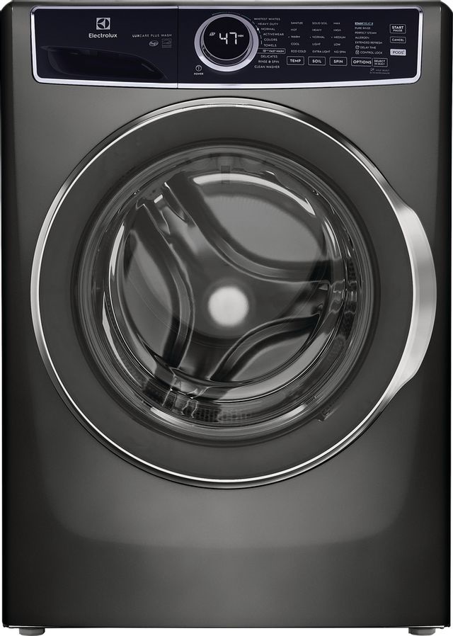 Stock photo of a titanium Electrolux brand front load washer with black and steel accents.