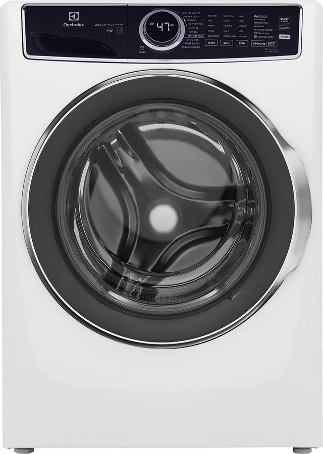 Stock photo of a white Electrolux brand front load washer with sleek black accents.