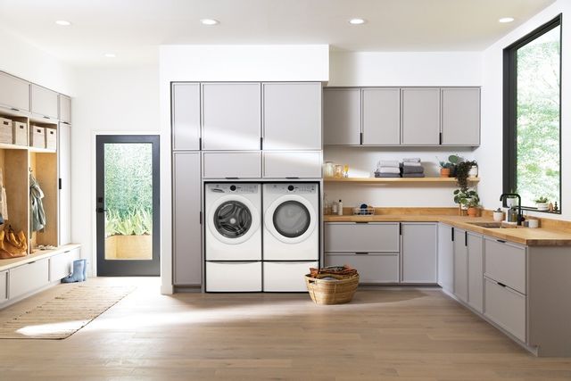 Modern laundry room with an Electrolux laundry pair. 