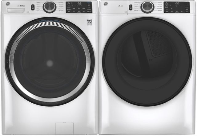Stock photo of a white GE brand washer dryer set.