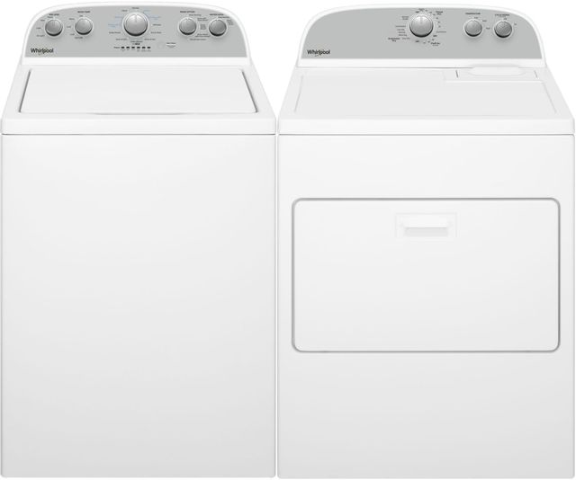 Stock photo of a white Whirlpool brand washer dryer set.