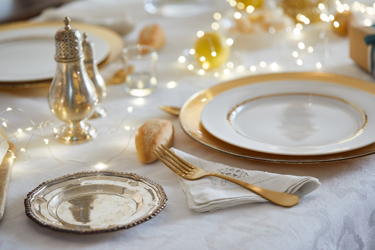 closeup detail of a dining table set up for Christmas