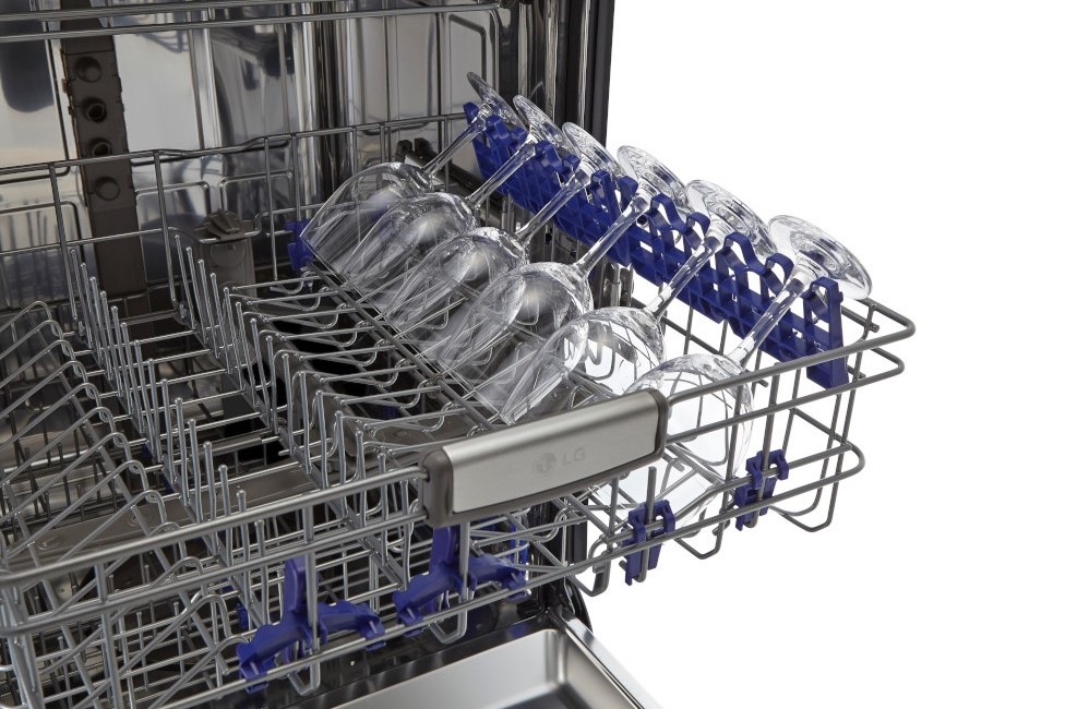 woman’s wine stem holders in LG dishwasher rack 