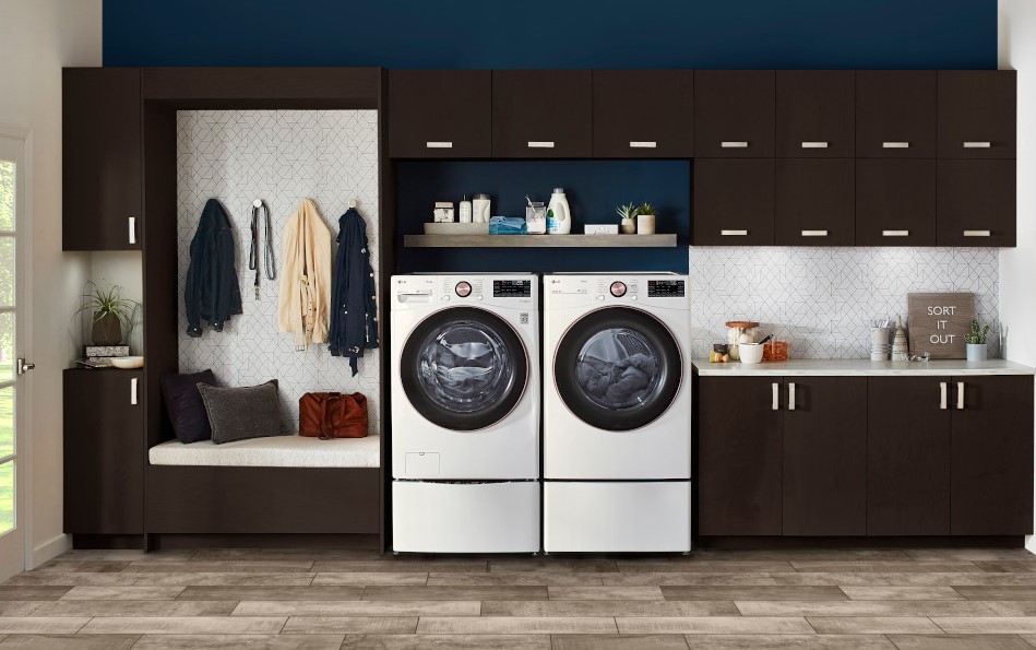LG laundry pair in white with a 5.0 cu. ft. capacity washer and 7.3 cu. ft. capacity electric dryer