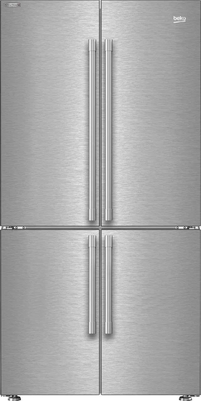 Stock photo of a stainless steel four-door Beko French door refrigerator.
