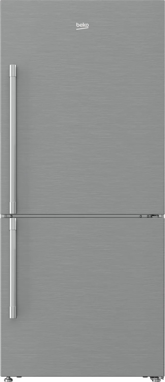 Stock photo of a stainless steel freestanding Beko bottom freezer refrigerator. 